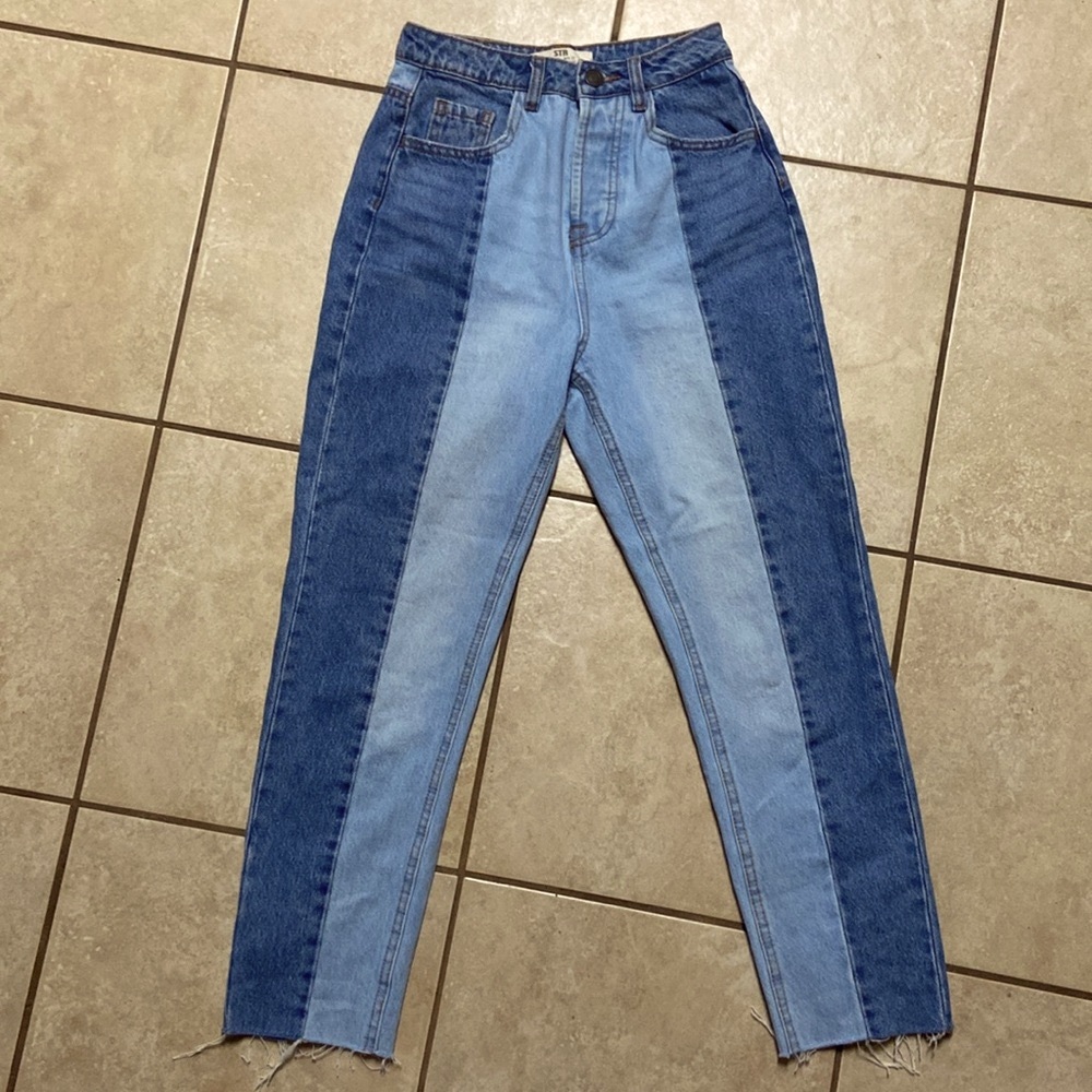 Stradivarius straight leg contrast two tone jeans with raw hem in blue